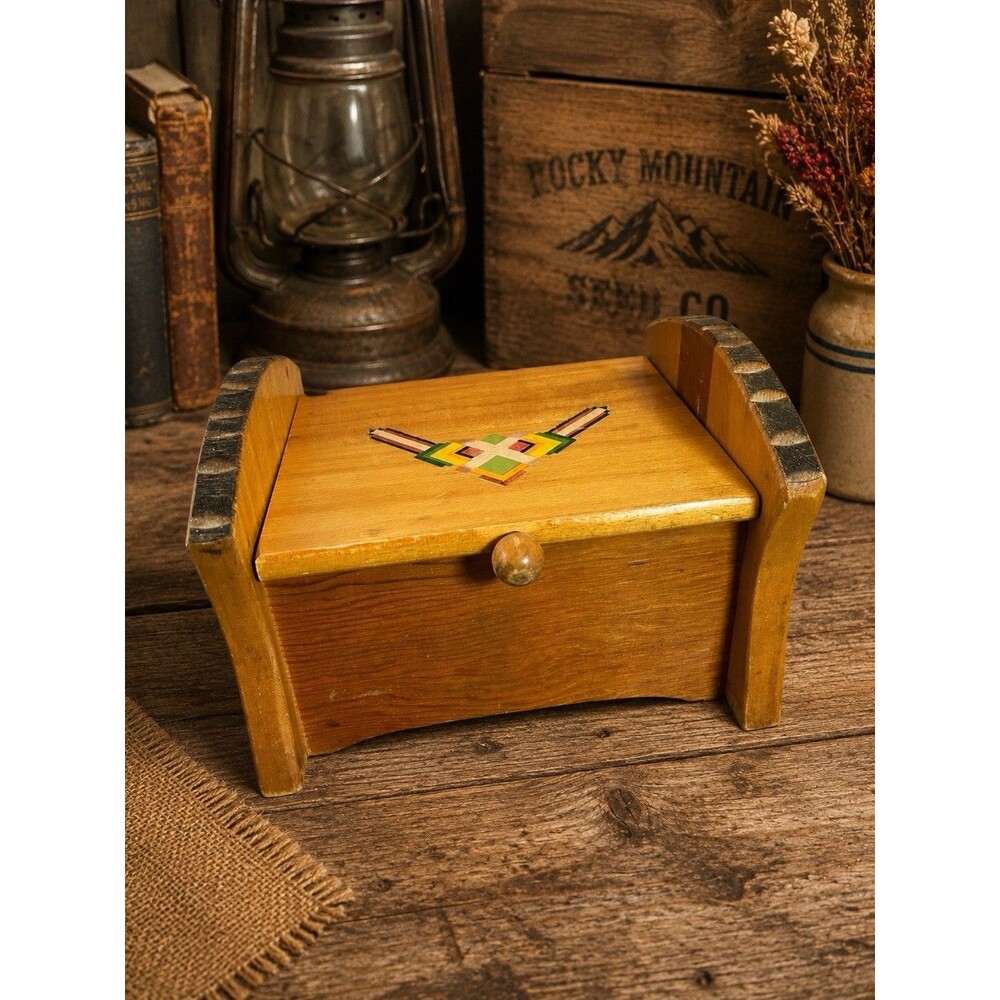 Vintage Wooden Trinket Box Southwest Sticker Design Jewelry Storage Rustic Decor